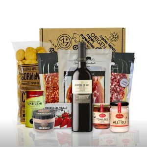 Spanischer Gourmet Geschenkkorb: Ibérico-Schinken, Chorizo, Pata Negra, Baron de Ley Reserva und weitere Spezialitäten